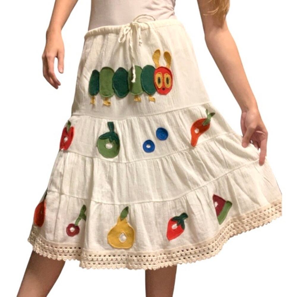 Custom Upcycled The Very Hungry Caterpillar Fruit Patchwork Midi Skirt